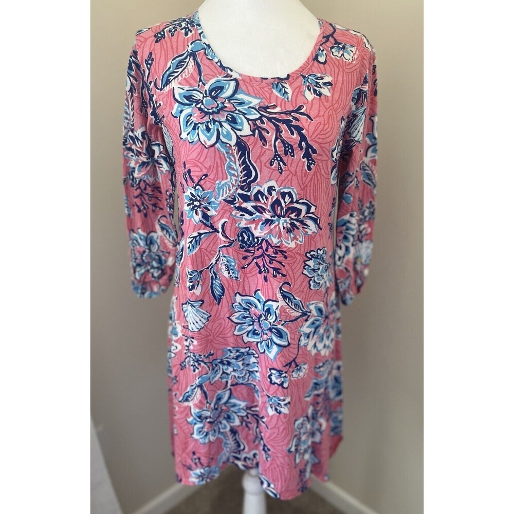 Caribbean Joe Dress 3/4 Rolled Sleeve Size Small Blue Pink Floral Cotton Blend